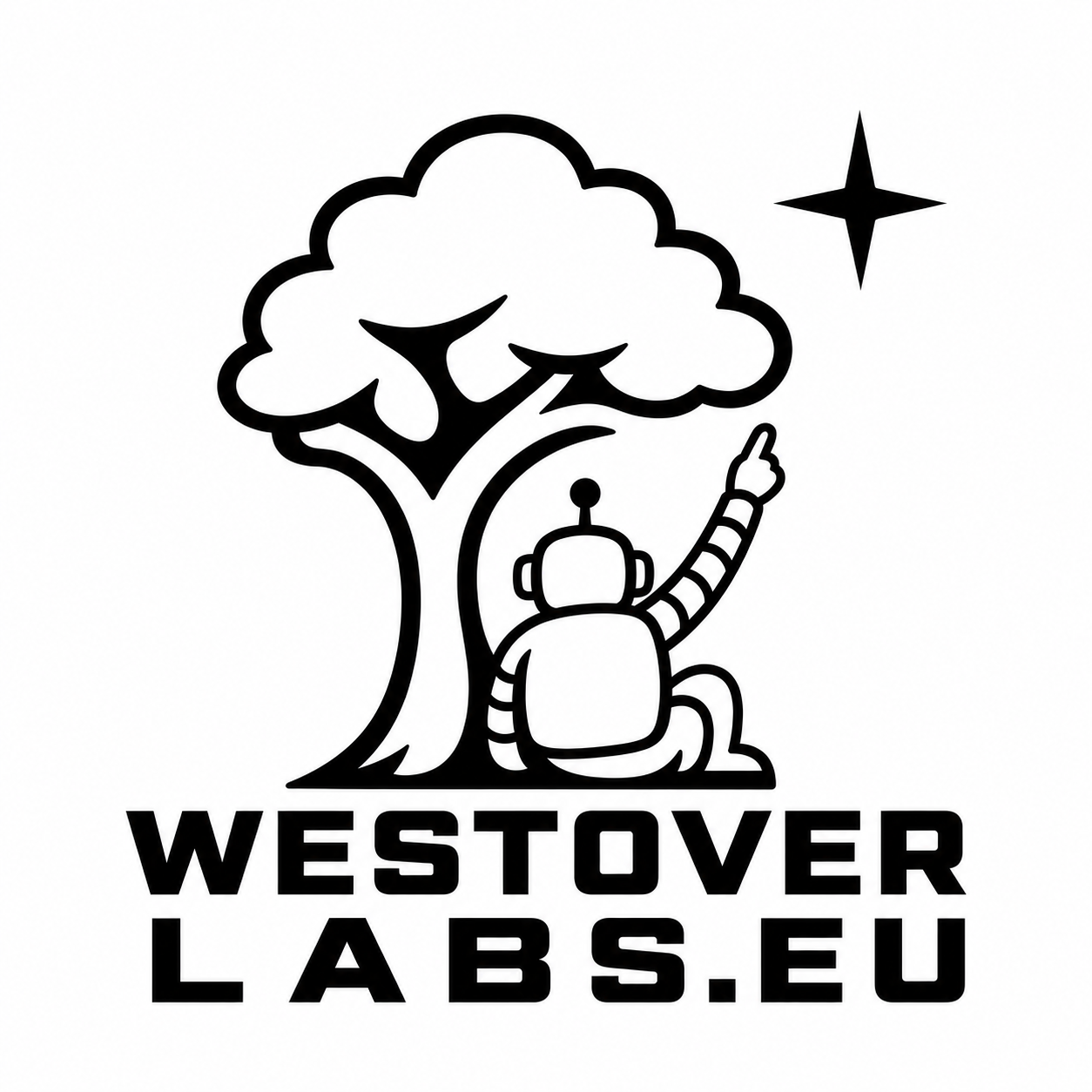 A robot resting under a tree, pointing at a star